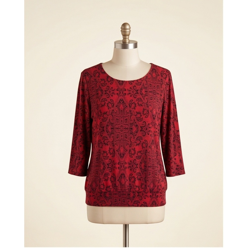 Chico's Travelers 2 Red Black Paisley Medallion 3/4 Sleeve‎ Blouse Top Large